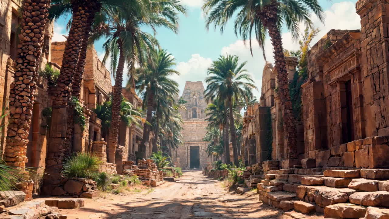 Ancient temple street surrounded by palm trees in desert ruins