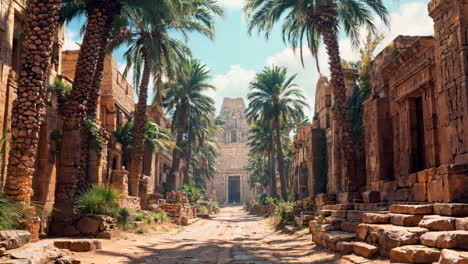 ancient temple street surrounded by palm trees in desert ruins