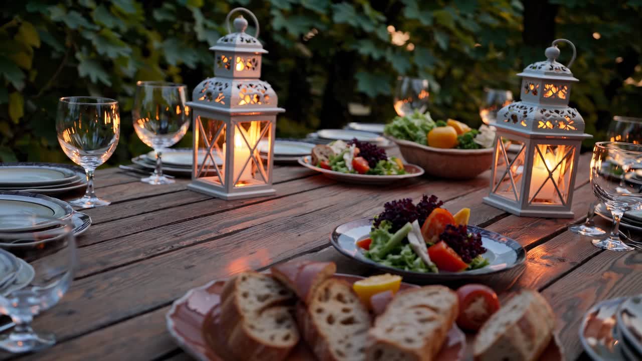 Rustic outdoor dinner setting with lanterns and salads on a wooden table