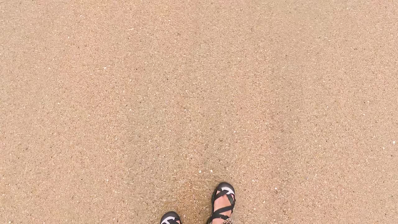 pies caminando por la playa de arena con olas suaves