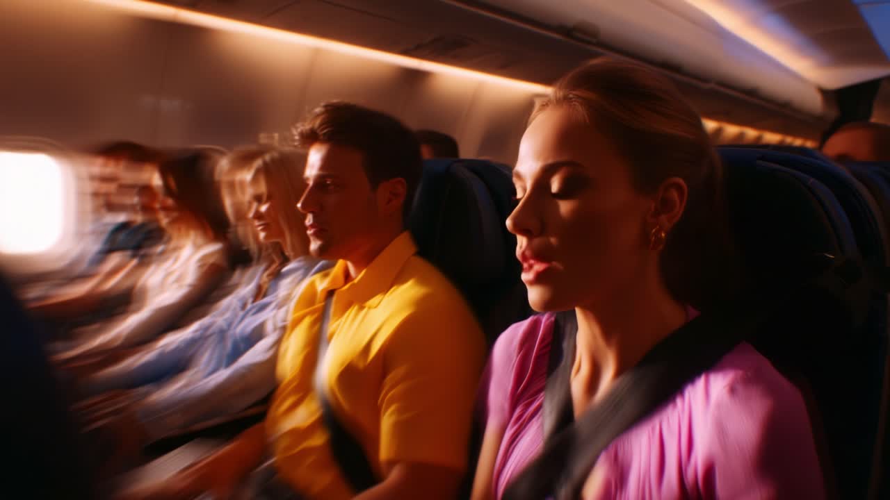 A Captivating Glimpse Inside an Airplane Cabin: Two Frames Show Passengers in Their Seats, Engaged in Their Journeys, with Sudden Motion Indicating the Unique Experience of Air Travel