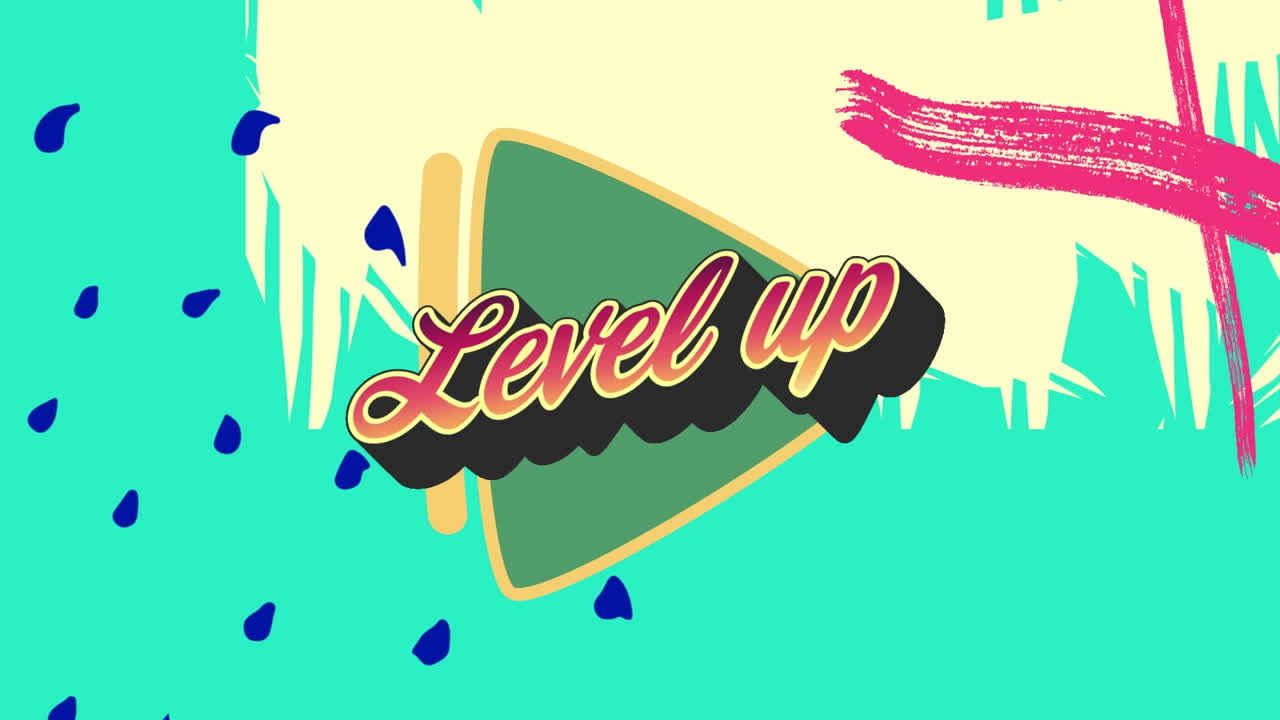 다채로운 그래픽과 모양 위에 레벨 업 텍스트의 애니메이션