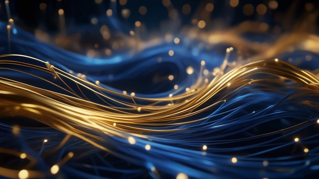 Abstrakt flydende guld- og blå fiberoptiske datastrømme