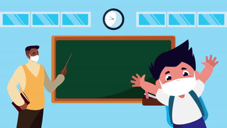 maestro afro que usa una máscara médica para covid-19 con un escolar en el aula