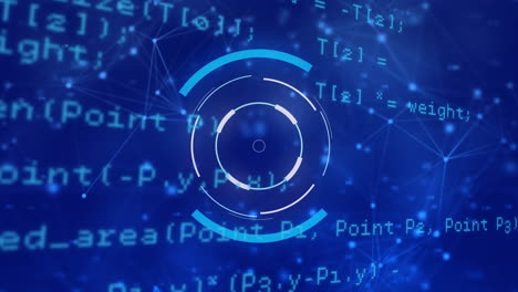 animación de escaneo de alcance circular y interfaz que muestra datos en fondo azul