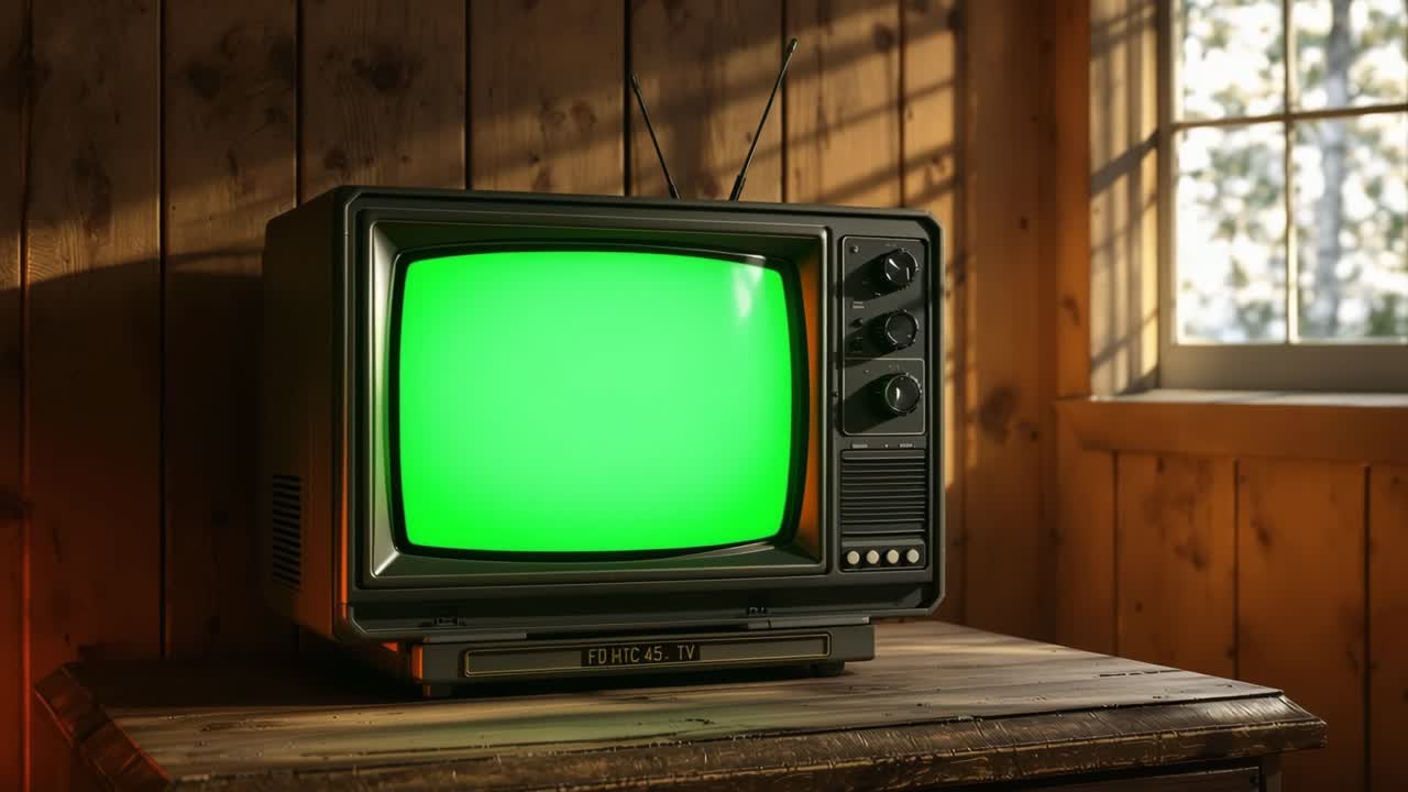 Televisore vintage che mostra uno schermo verde, posizionato su un tavolo di legno, circondato da pareti di legno rustiche e una finestra, creando un'atmosfera nostalgica in un accogliente spazio interno.