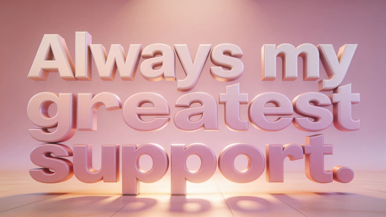 Brightening top spotlight pushing 3D three-line text forward in studio, revealing message via floor