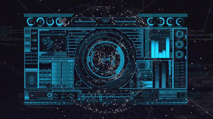 Animation of interface with data processing over globe of network of connections on black background
