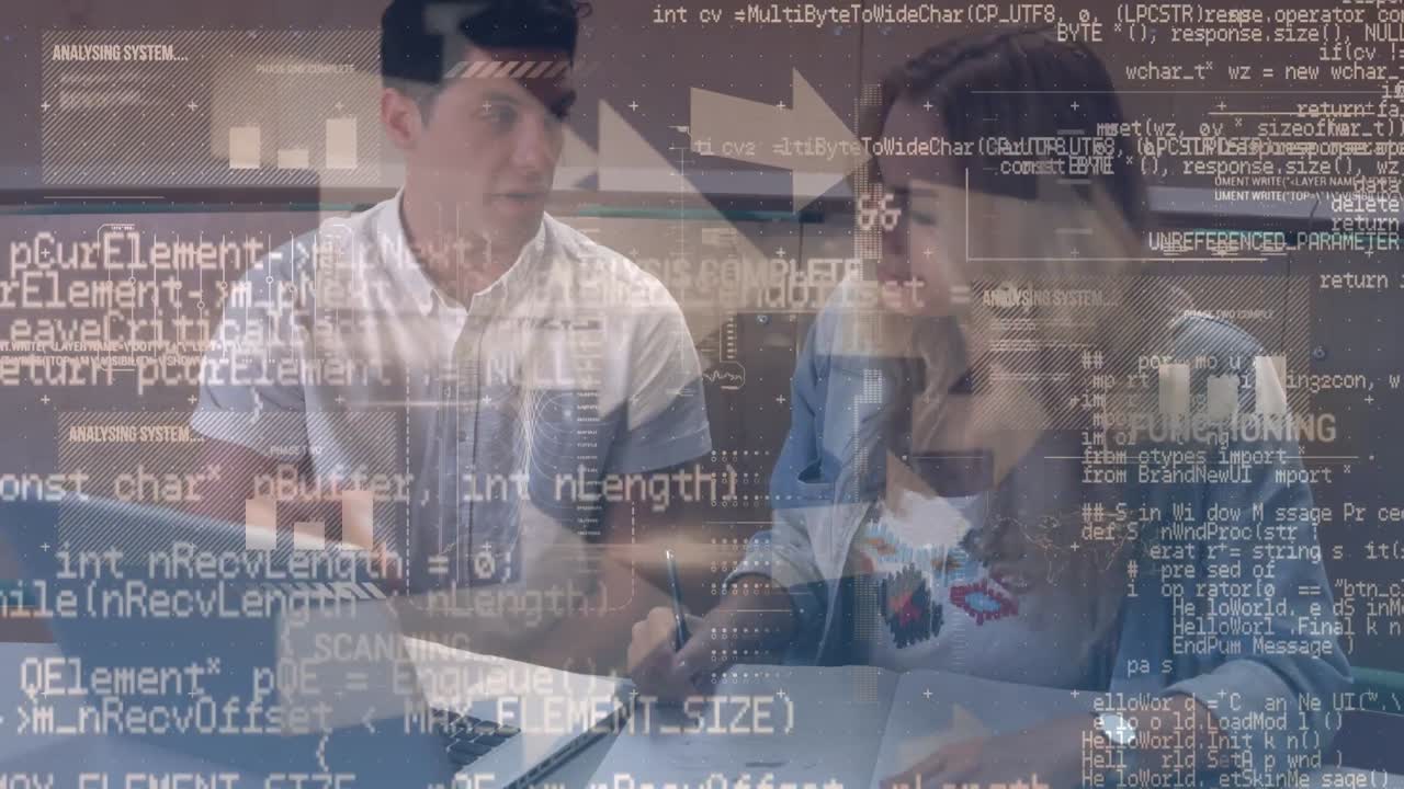 Animation of digital data processing over couple of caucasian students