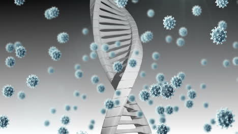 animation of virus cells and dna strand over white background