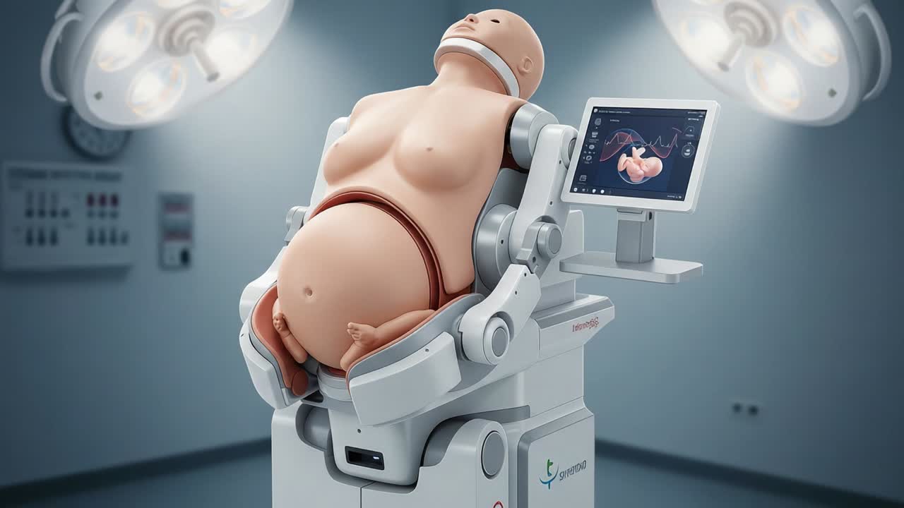 Advanced Medical Training Simulator Depicting a Pregnant Woman in a Surgical Room, Featuring Cutting-Edge Technology for Educational Purposes