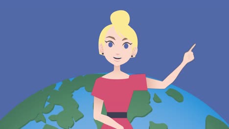 Animation-of-caucasian-businesswoman-making-presentation-with-globe-on-blue-background-background