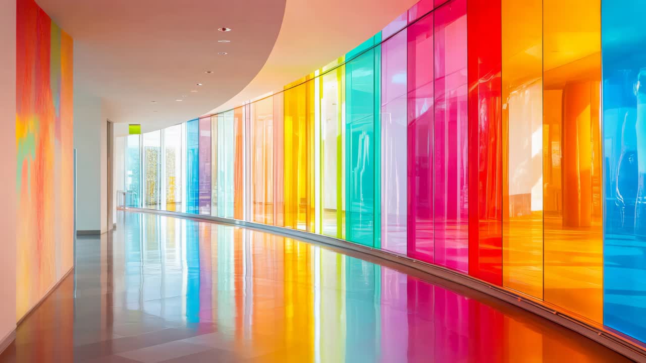 Colorful Curved Corridor with Rainbow Glass Walls
