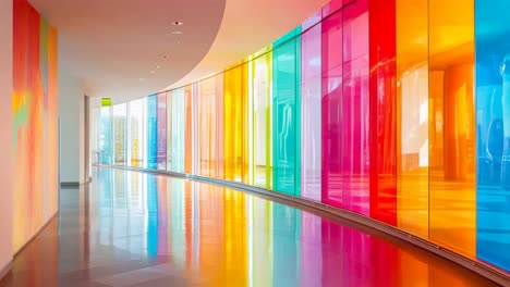 colorful curved corridor with rainbow glass walls