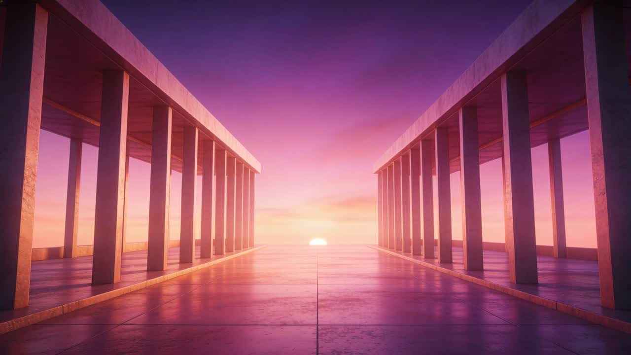Colunata central revelada, com seus pilares captando um brilho quente em um calçadão à beira-mar ao nascer do sol.