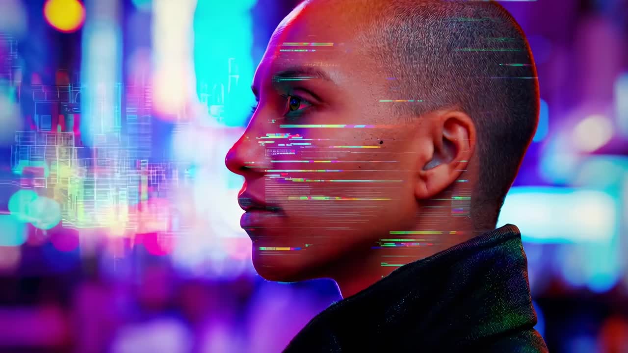 Side profile of a person with glitch effects, neon lights, video game aesthetic