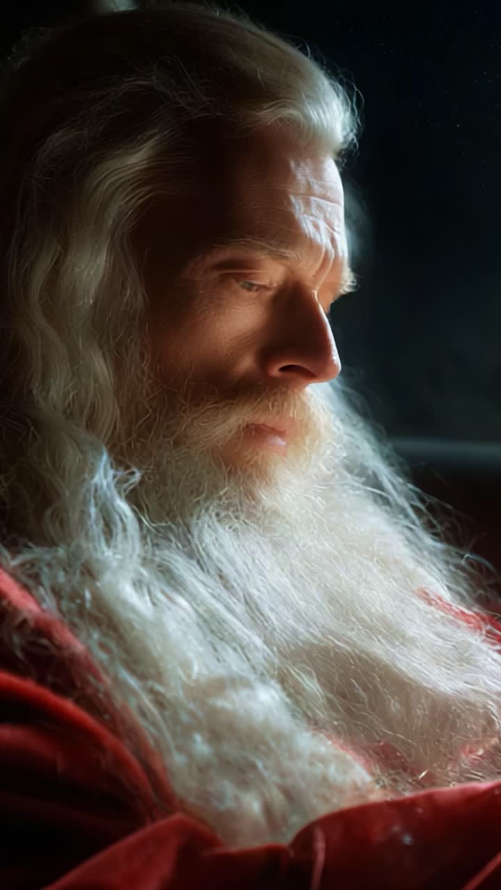 A close depiction of a wise, elderly figure with flowing white hair and beard, dressed in a striking red robe, deep in thought, encapsulating a moment filled with contemplation and serenity