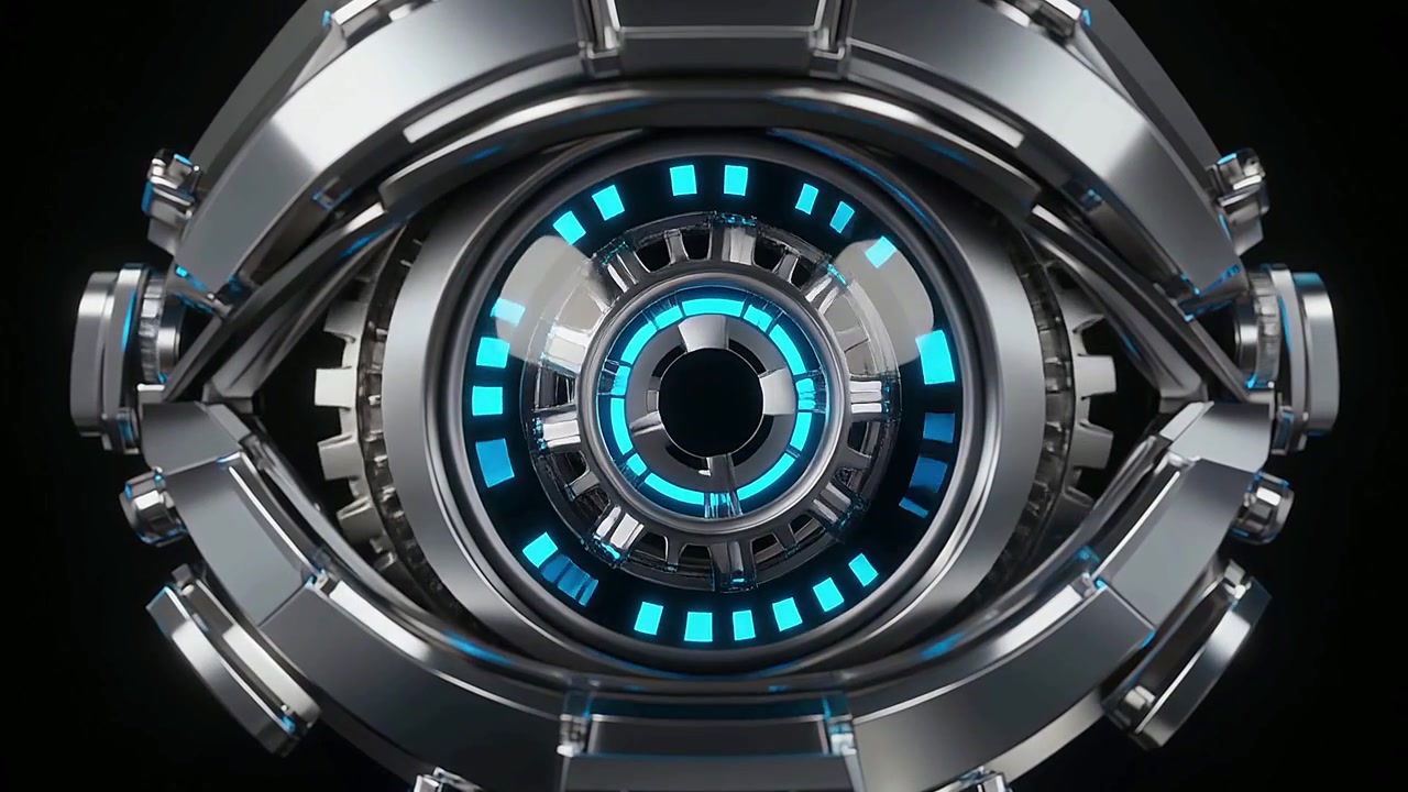 Occhio Meccanico Futuristico con Elementi Digitali Luminosi Blu