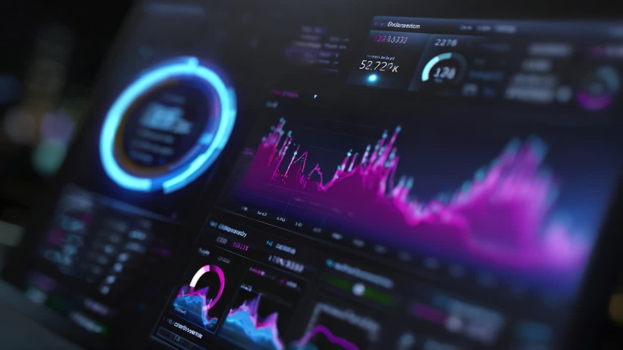 Close-up de uma tela digital exibindo gráficos financeiros vibrantes. Os gráficos brilham com tons de roxo e azul. Gráficos de dados sobem e descem dinamicamente. A tela mostra métricas em tempo real e indicadores circulares.