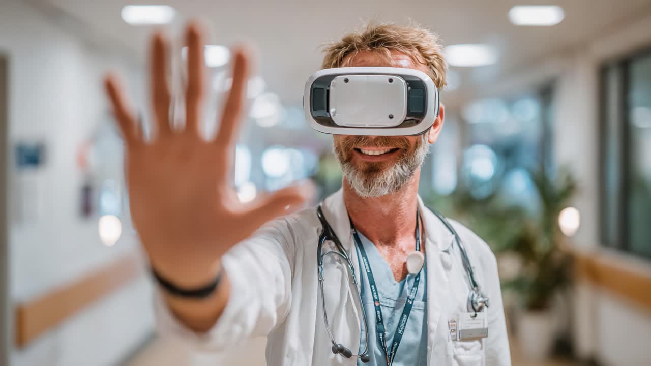 Un professionista sanitario esplora la tecnologia della realtà virtuale in un ambiente medico, mostrando innovazione e il futuro dell'assistenza ai pazienti attraverso esperienze immersive