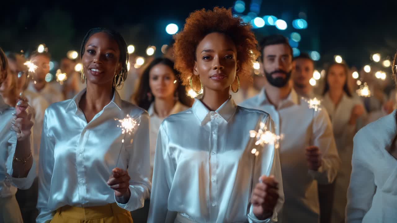 A captivating night scene featuring a group of people holding sparklers, dressed in elegant white outfits, emanating a sense of celebration, unity, and joy as they light up the dark surroundings