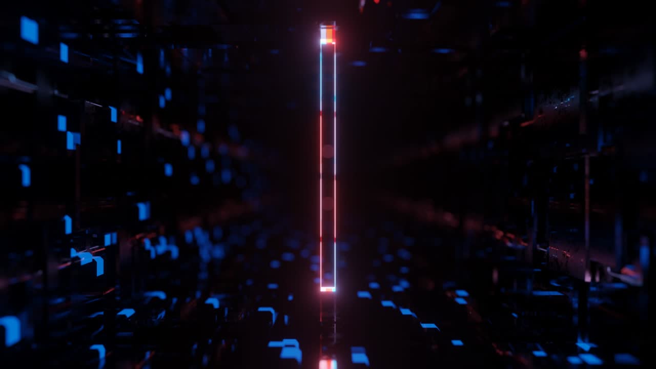 3d object or structure rotates and moves inside glass mirror tunnel with neon light, bright reflections. Frames. Fantastic abstract bg in 4k. Vj loop for show. Sci fi bg fly through hi tech tunnel