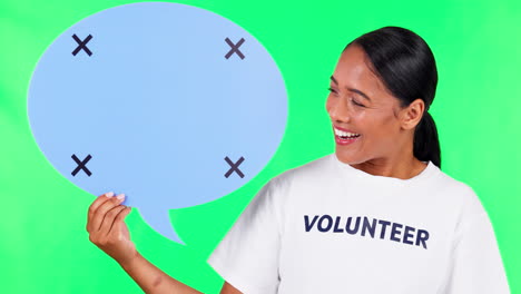 Speech-bubble,-chat-and-a-volunteering-woman
