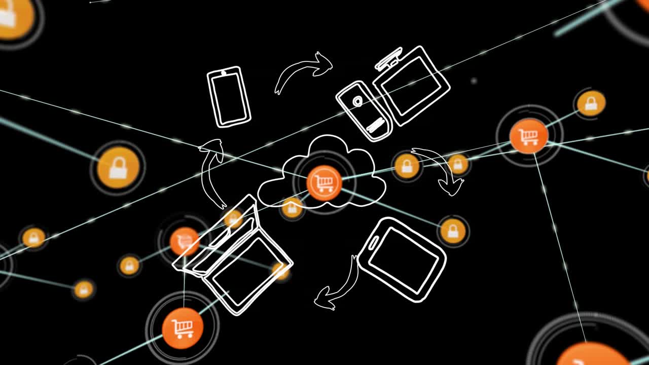 Animazione di una rete di connessioni su icone multimediali