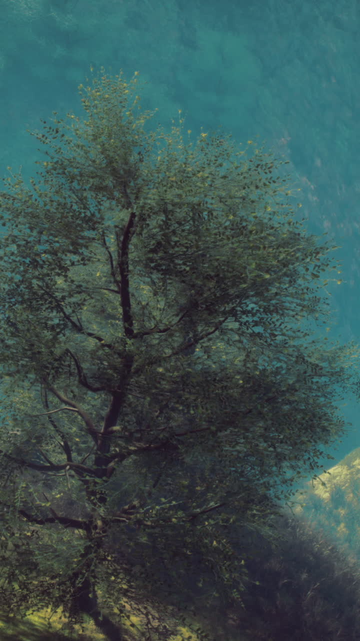 Un albero alto vicino a un lago di montagna in una luminosa giornata di sole.