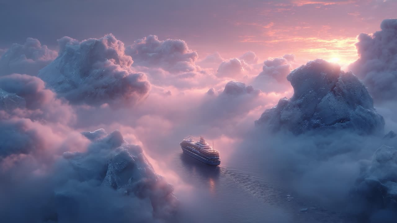 Maestosa imbarcazione che naviga tra nuvole eteree e iceberg al crepuscolo, catturando la bellezza di sereni paesaggi naturali e tranquille avventure marittime