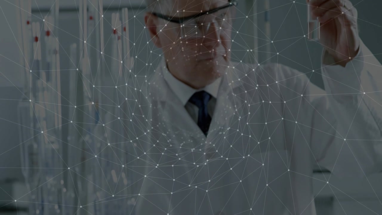 Senior scientist in lab coat and tie analyzing data in technology lab, with digital network overlay