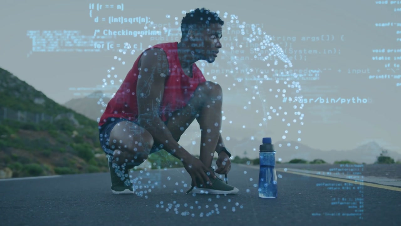 Male runner squatting tying shoelace preparing for run while AR sphere over scene scrolling code
