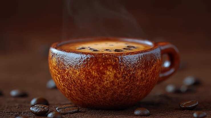 Frisch gebrühter Kaffee in einer rustikalen Tasse. Eine dampfende Tasse Kaffee steht auf einer Holzoberfläche, umgeben von verstreuten Kaffeebohnen, und schafft eine gemütliche Atmosphäre.