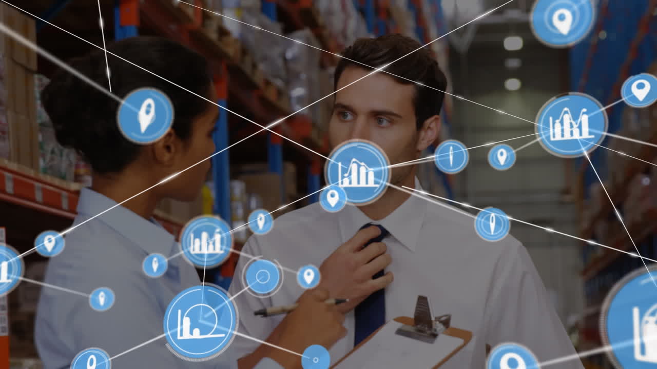 창고에서 일하는 다양한 사람들에 대한 사람 아이콘과의 연결 네트워크의 애니메이션