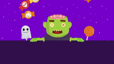 escena oscura de halloween con zombies y dulces