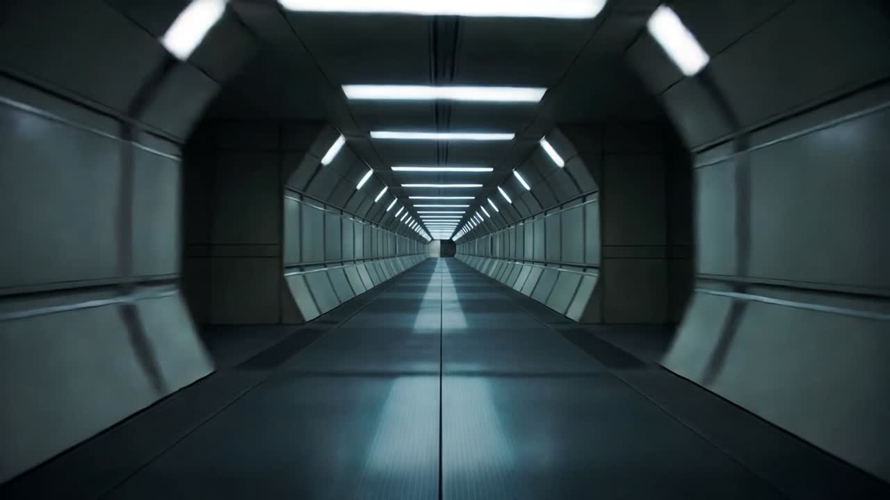 Moving camera through metallic corridor toward dark doorway, showing ribbed panels and lights