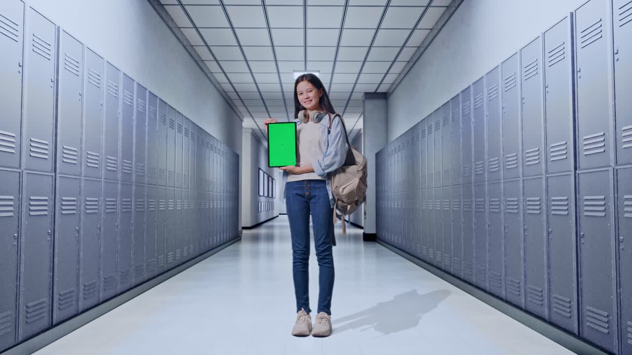 estudiante sosteniendo una tableta con una pantalla verde en un pasillo de la escuela