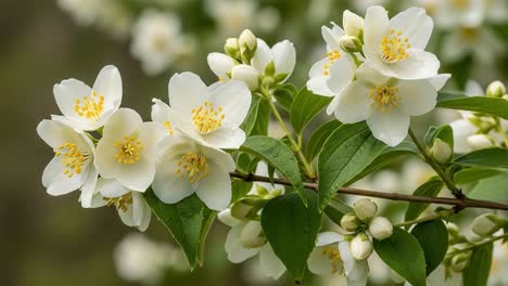 a captivating display of jasmine flowers in full bloom, showcasing their delicate white petals and vibrant yellow centers amongst lush green leaves