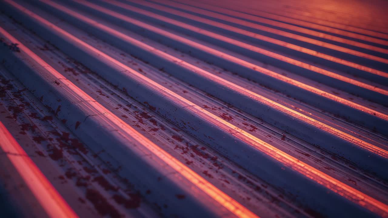 Shifting angled sunlight sliding across corrugated metal roof panels, showing rust spots and debris