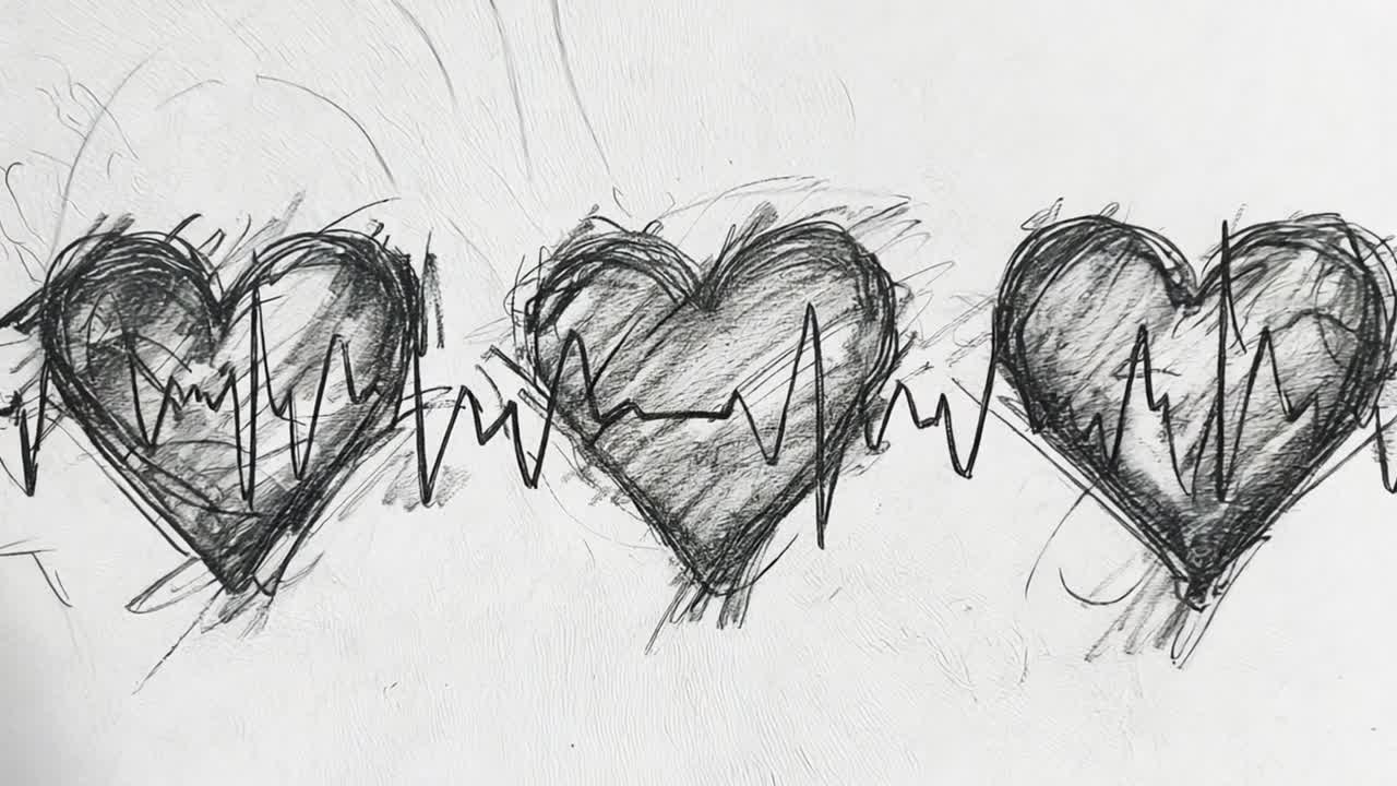 Sketch of hearts with heartbeat lines