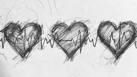 sketch of hearts with heartbeat lines