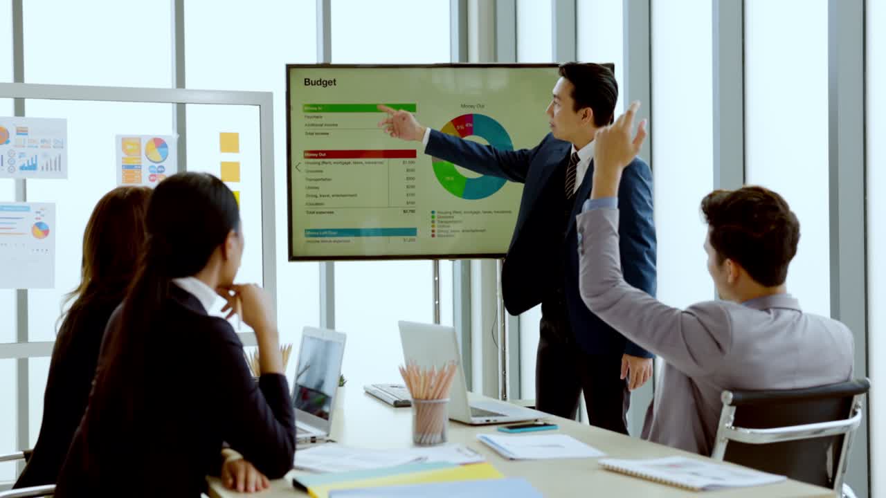 Group of Asian businessmen meeting to plan business in stock market, real estate by presenting business documents marketing information in modern meeting room. online investment strategy. White collar