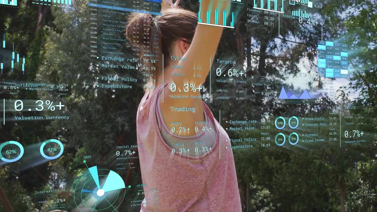 Woman initiating overhead stretch outdoor, raising arms while AR fitness gauges updating charts