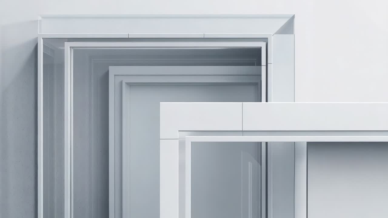 Start med et roligt, højrevendt panoramakamera, der afslører indre hvide frames og glaspaneler i studiet for at vise detaljer
