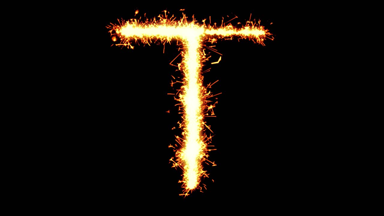Alphabet t text sparkler writing with glitter sparks particles firework on black 4k loop background