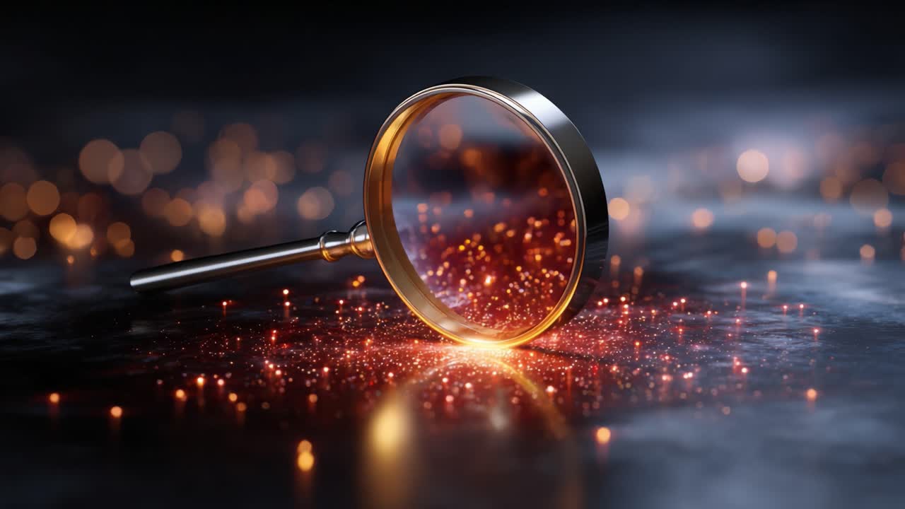 Una lente d'ingrandimento lucente riflette scintille radiose ed effetti bokeh, catturando l'essenza del dettaglio e della bellezza in un ambiente scarsamente illuminato