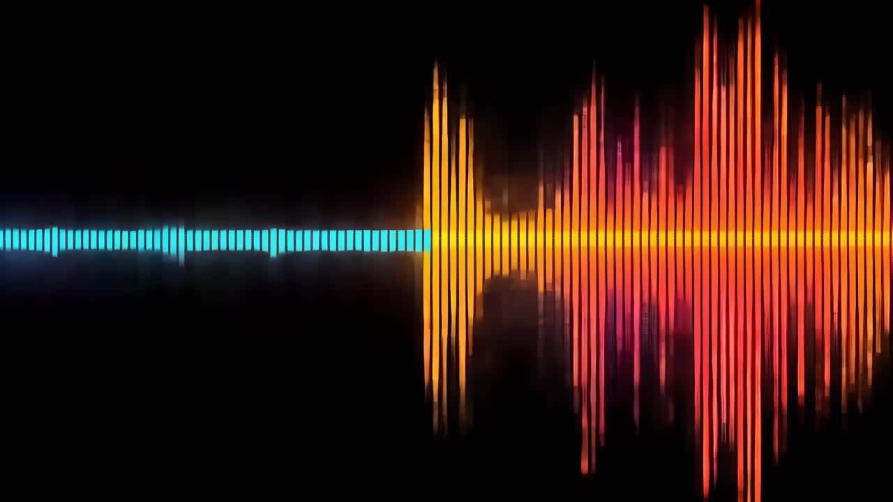 Vibrant soundwave pattern in blue and orange on a black background, viewed from a straight angle