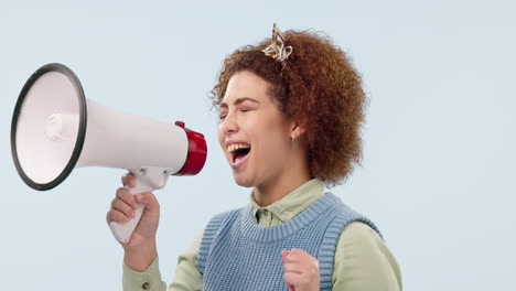 happy woman, megaphone and singing for karaoke