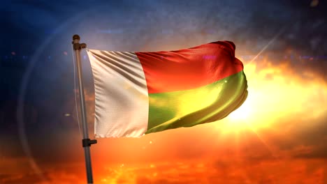 la bandera de madagascar iluminada en el hermoso amanecer en movimiento lento 4k
