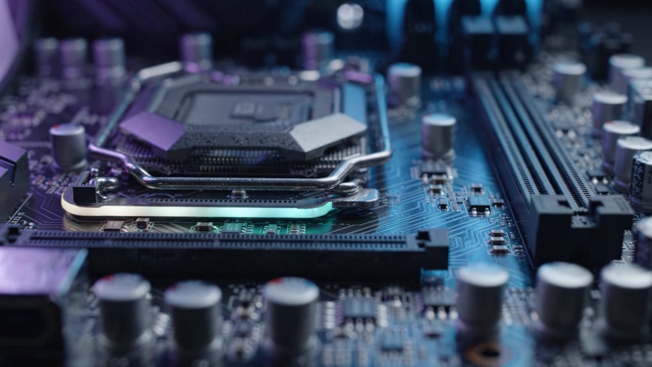 Exploring the Intricate Design of a Modern Motherboard with Close-Up Details of Components and Lighting Enhancements for Advanced Computing Technology.
